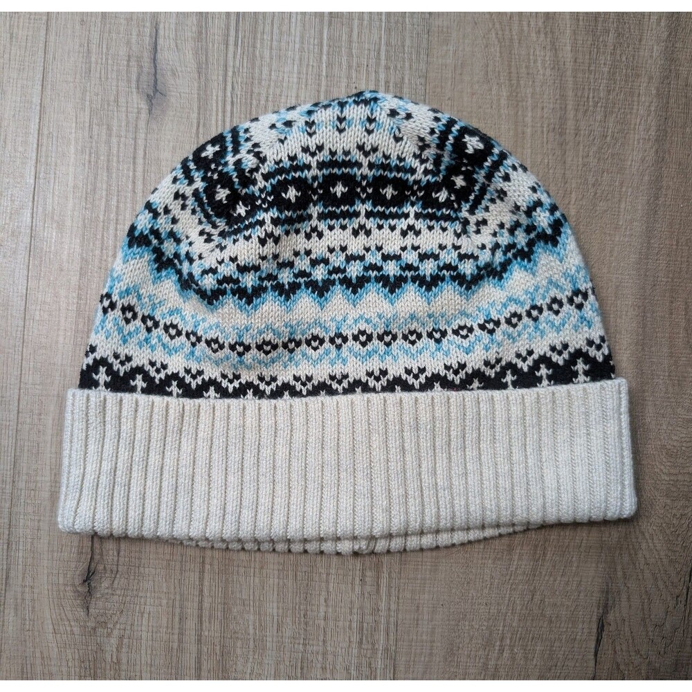 NWT J Jill Fair Isle Beanie Hat One Size Cuffed Knit Nordic Blue Oatmeal Cozy